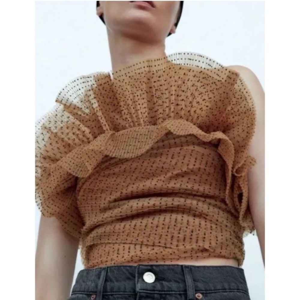 Zara Tan Ruffled Off-Shoulder Blouse - Picture 6 of 14
